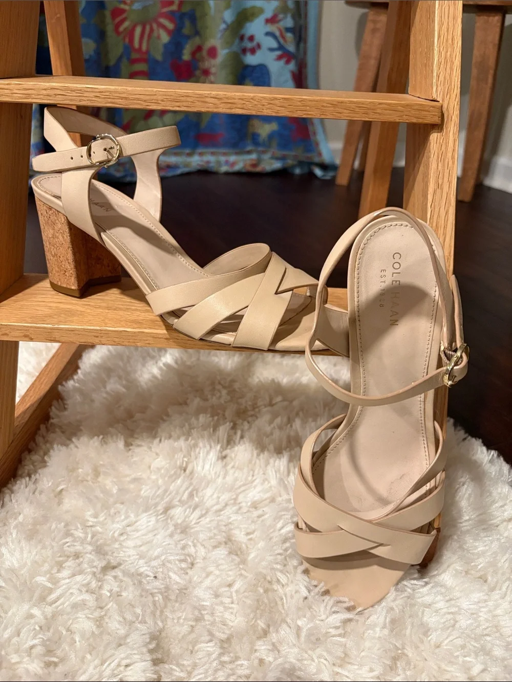 Cole Haan Beige Strappy Cork Block Heel Sandals